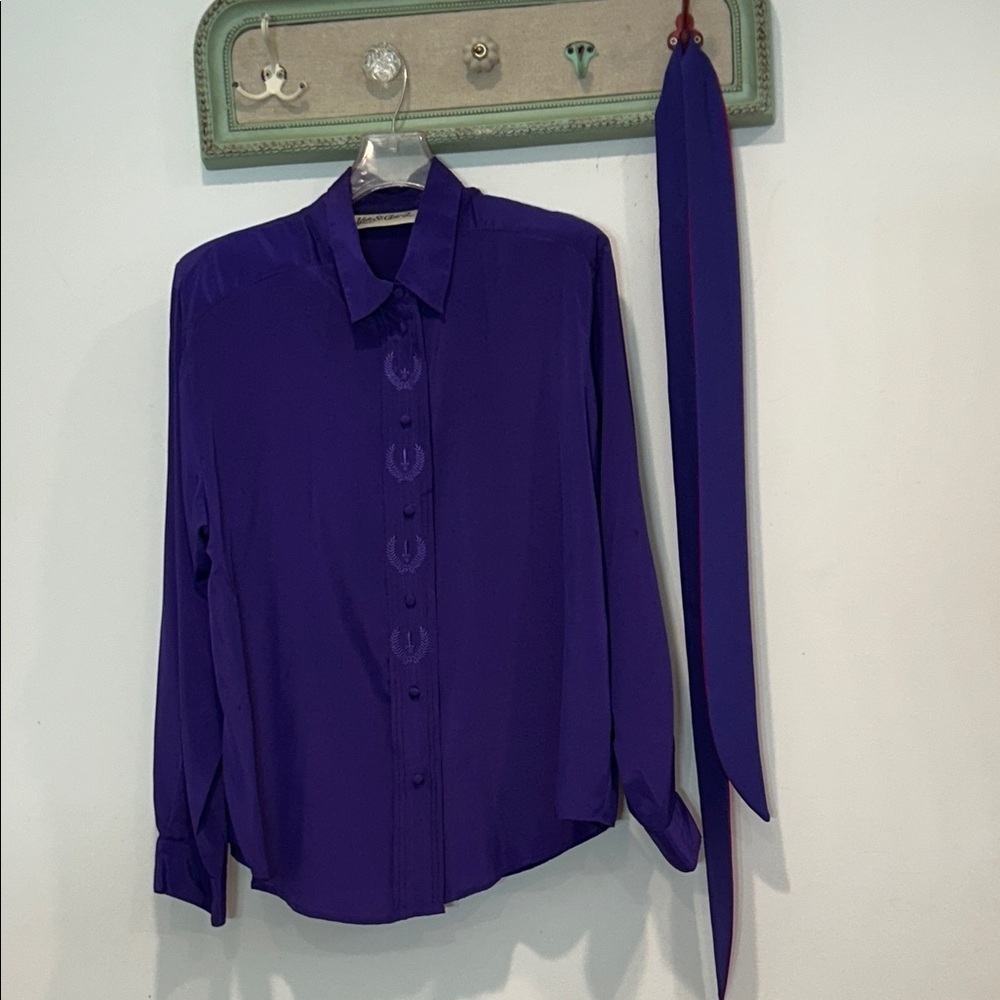 Vintage yves st Clair 2 Deep Purple Button Down Shirt & skinny neck scarf 16 w